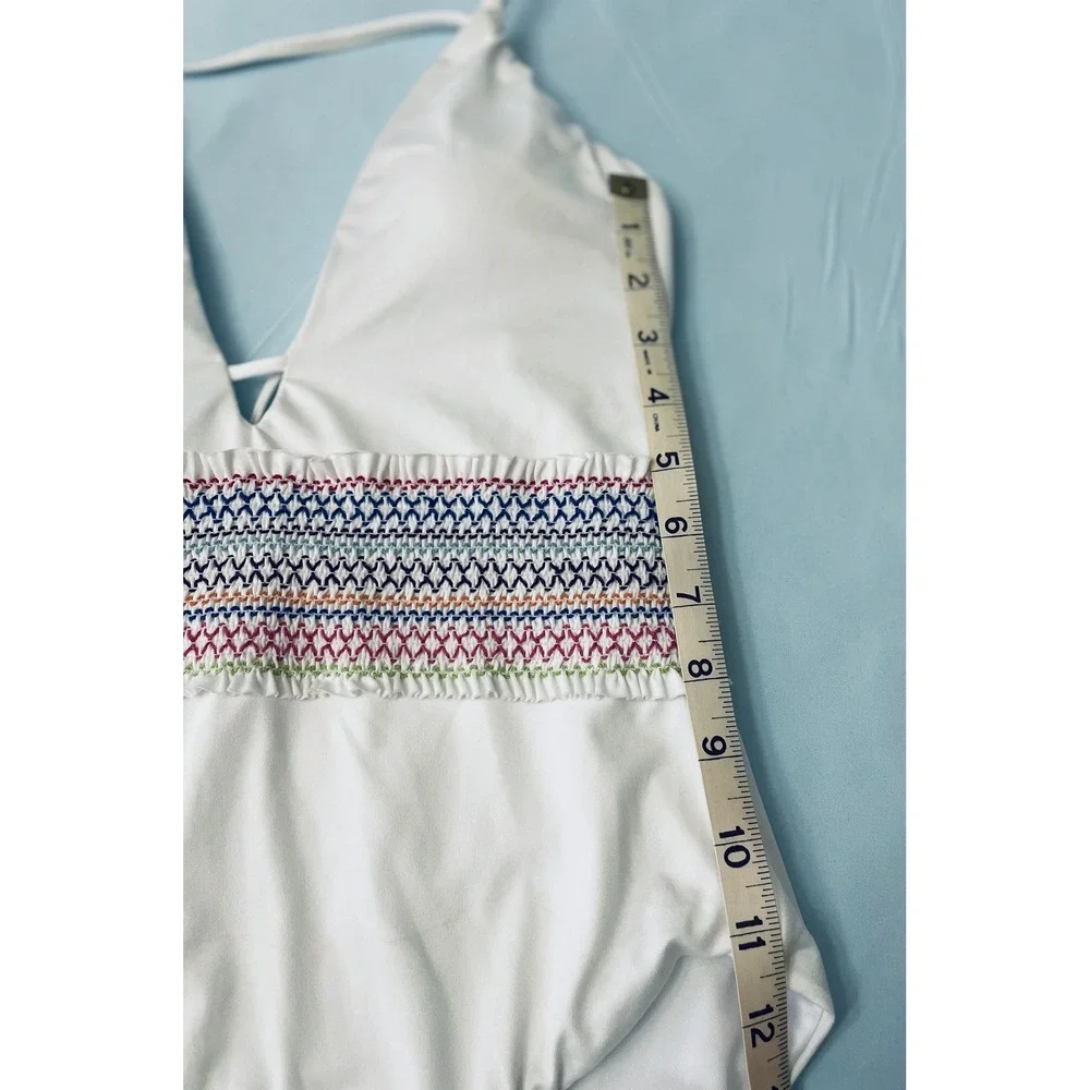 Bar III Swimsuit Womens Small White One Piece Smocked Waist Multicolor Trim Swim